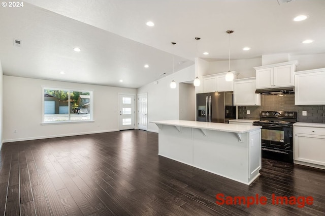 kitchen with dark wood-type flooring, stainless steel refrigerator with ice dispenser, black electric range, decorative light fixtures, and a kitchen island