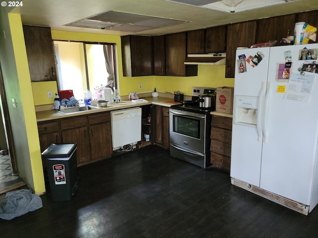 kitchen featuring dark hardwood / wood-style flooring, sink, dark brown cabinets, and white appliances