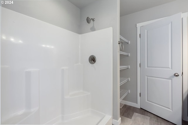 bathroom with walk in shower and hardwood / wood-style flooring