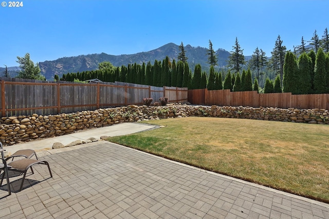 view of yard with a patio area and a mountain view