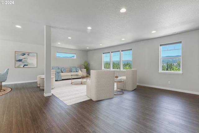 unfurnished living room featuring a textured ceiling and dark hardwood / wood-style floors