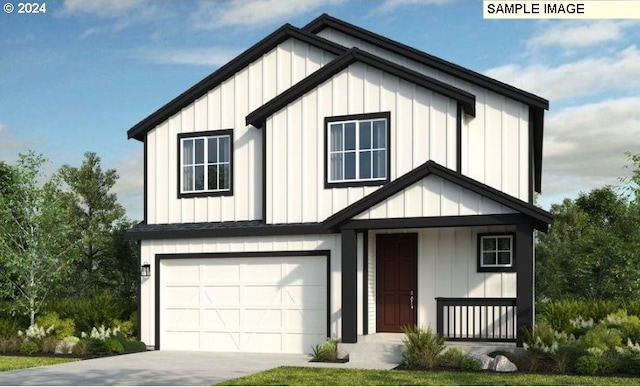 modern farmhouse style home with a garage, board and batten siding, and driveway