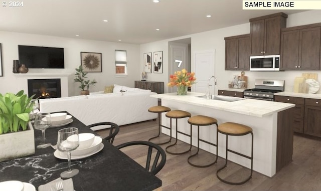 kitchen with wood finished floors, a sink, appliances with stainless steel finishes, a glass covered fireplace, and open floor plan