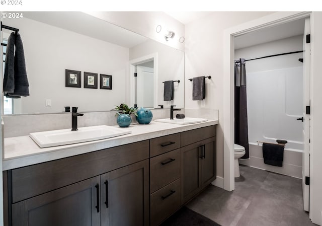 full bathroom with toilet, vanity, and bathing tub / shower combination