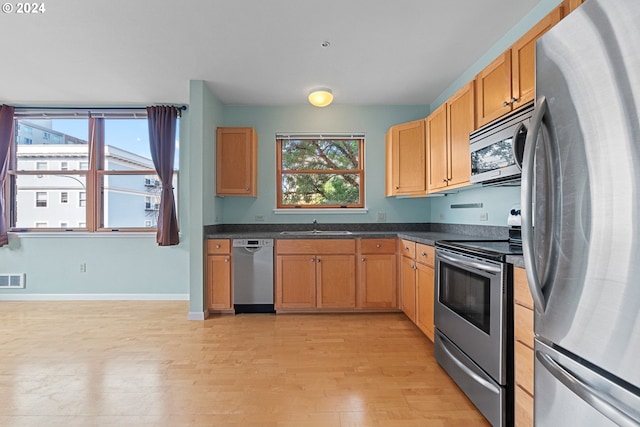 kitchen with appliances with stainless steel finishes, plenty of natural light, sink, and light hardwood / wood-style floors