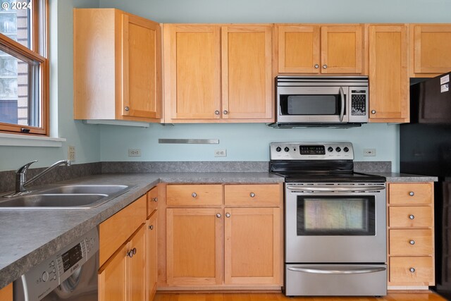 kitchen with light brown cabinets, stainless steel appliances, and sink