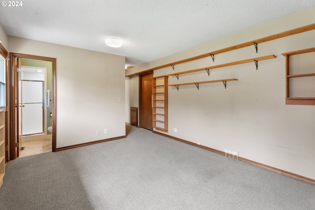 unfurnished room featuring a textured ceiling and light colored carpet