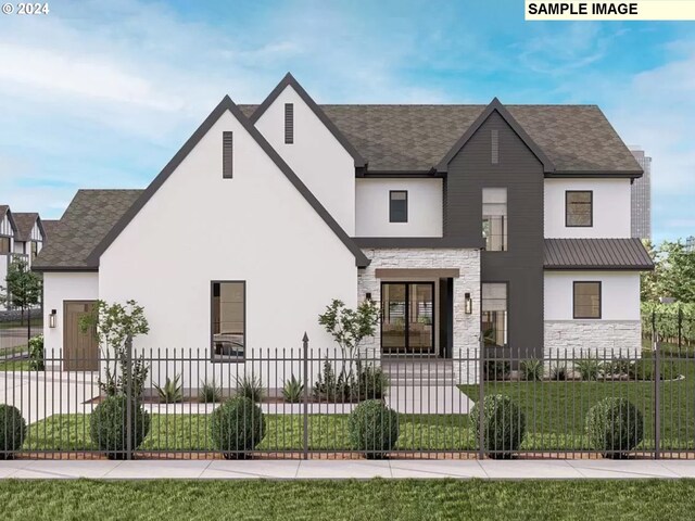 17207 NW 7th Ave, Ridgefield, WA 98642 - view of front of home with a fenced front yard, stucco siding, stone siding, and a front lawn