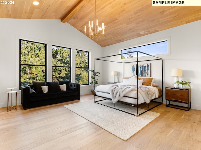 bedroom with vaulted ceiling with beams, a notable chandelier, light hardwood / wood-style floors, and wooden ceiling