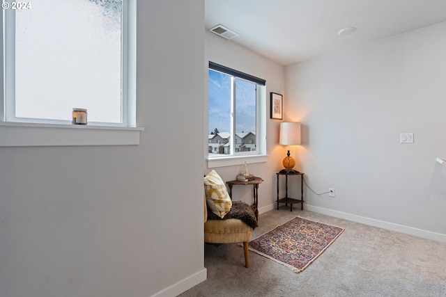 sitting room featuring carpet flooring