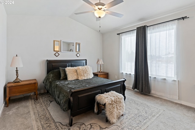 bedroom featuring carpet, ceiling fan, and lofted ceiling