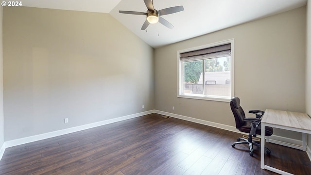 unfurnished office featuring ceiling fan, lofted ceiling, and dark hardwood / wood-style floors