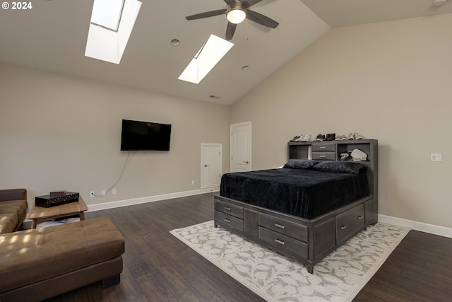 bedroom with a skylight, ceiling fan, high vaulted ceiling, and dark hardwood / wood-style flooring