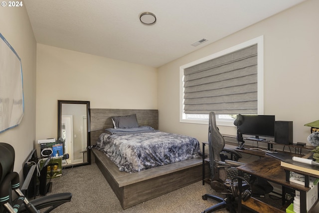 carpeted bedroom with a textured ceiling