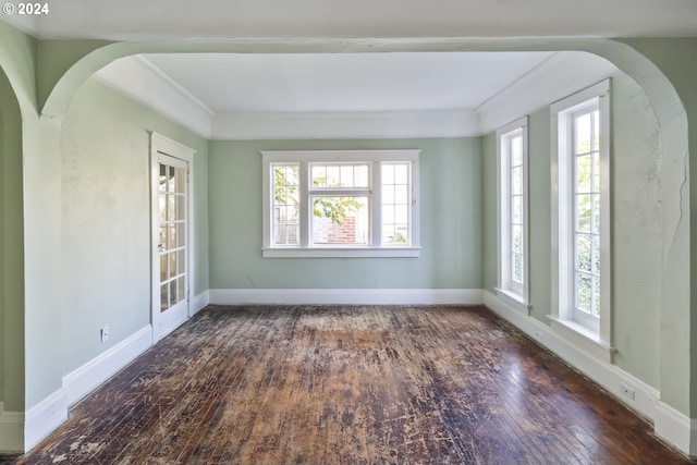 unfurnished room with plenty of natural light and dark hardwood / wood-style flooring