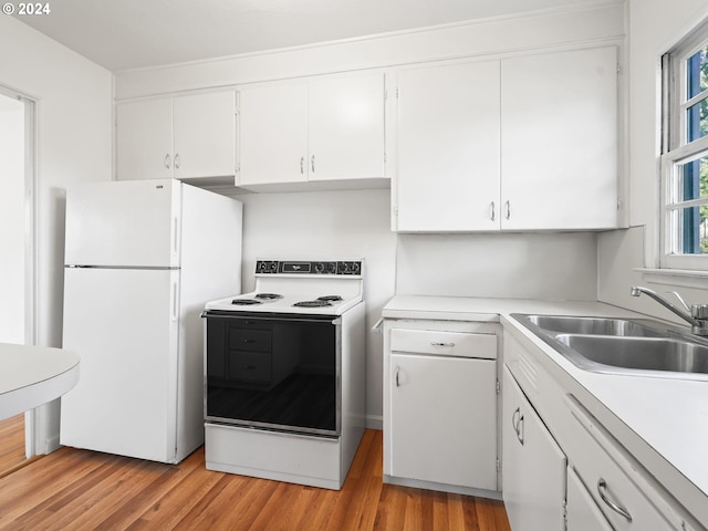 kitchen featuring white cabinetry, white appliances, sink, and light hardwood / wood-style flooring