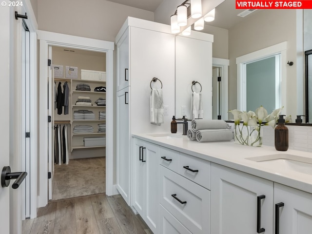 bathroom with hardwood / wood-style floors and vanity