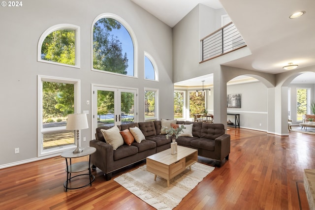 living room featuring a high ceiling and wood-type flooring