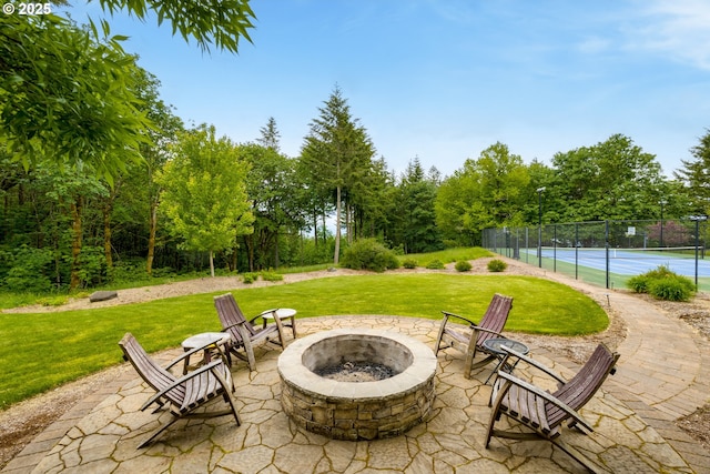33280 NE Haugen Rd, Newberg, OR 97132 - view of patio with an outdoor fire pit and a tennis court
