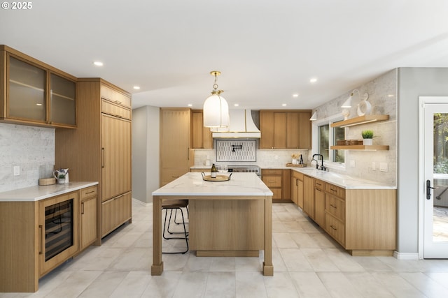 33280 NE Haugen Rd, Newberg, OR 97132 - kitchen with wine cooler, custom exhaust hood, open shelves, decorative backsplash, and recessed lighting