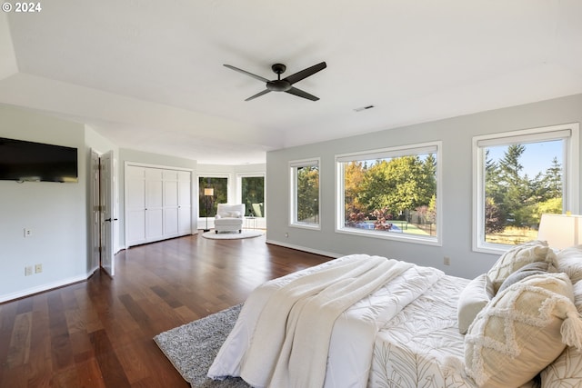 bedroom featuring dark wood-type flooring and ceiling fan