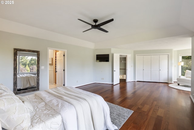 33280 NE Haugen Rd, Newberg, OR 97132 - bedroom featuring dark wood-style floors, ceiling fan, and a closet