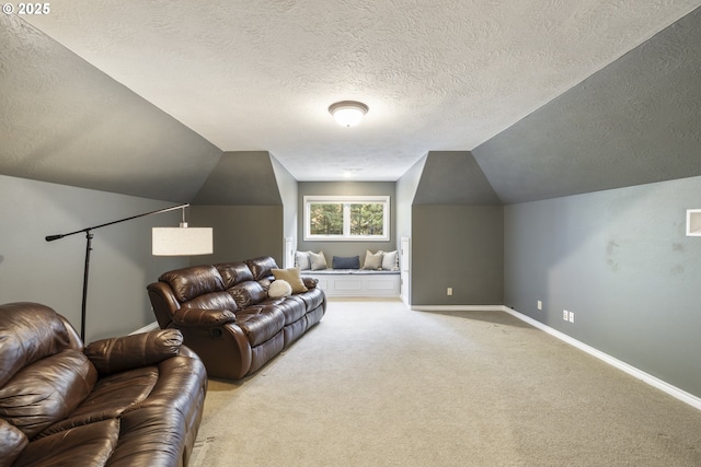 33280 NE Haugen Rd, Newberg, OR 97132 - living room with vaulted ceiling, a textured ceiling, and light colored carpet