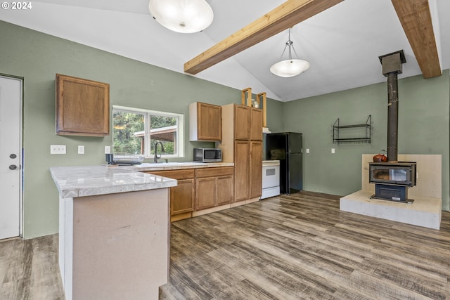 unfurnished living room featuring ceiling fan, vaulted ceiling with beams, and hardwood / wood-style flooring