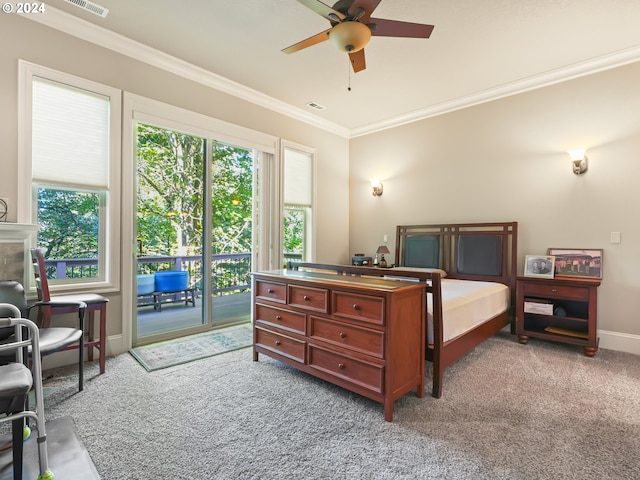 bedroom with crown molding, ceiling fan, access to outside, and light colored carpet