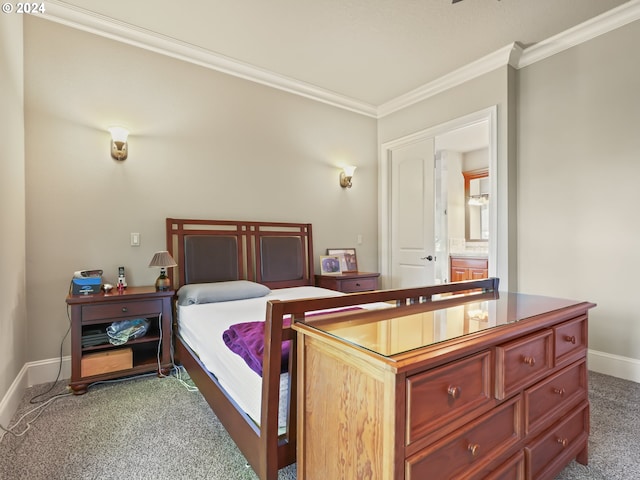 bedroom featuring crown molding and carpet