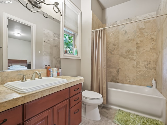 full bathroom with vanity, tile patterned flooring, toilet, and shower / tub combo with curtain