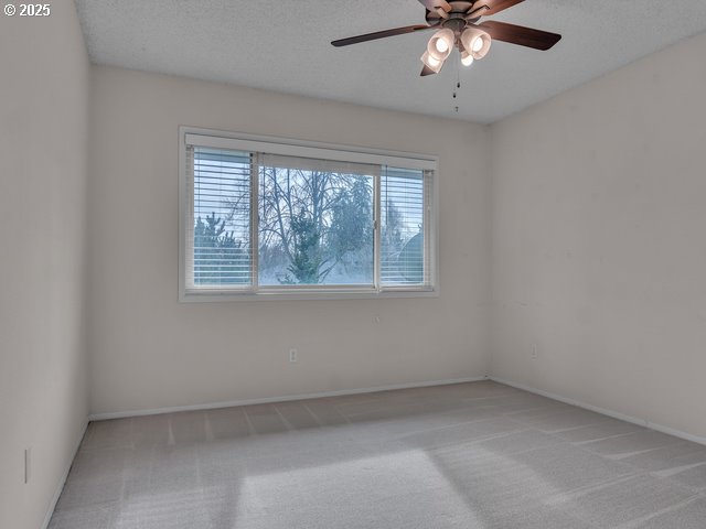 empty room with ceiling fan, carpet, and a textured ceiling