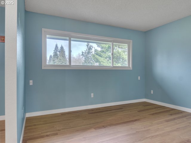 empty room with a textured ceiling and light wood-type flooring