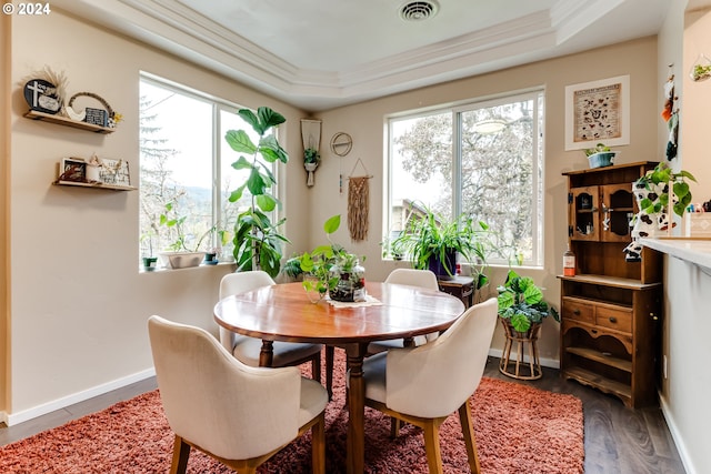 dining space with a raised ceiling, dark hardwood / wood-style flooring, crown molding, and plenty of natural light