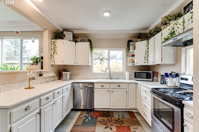 kitchen with white cabinets, a healthy amount of sunlight, sink, and stainless steel appliances