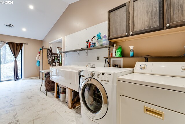 89329 Old Mohawk Rd, Springfield, OR 97478 - laundry area featuring cabinet space, washer and dryer, light marble finish floors, baseboards, and recessed lighting