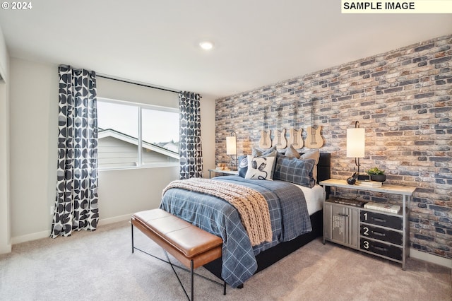 bedroom featuring light carpet