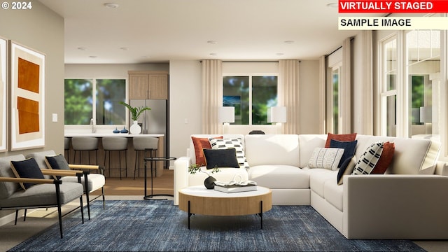 living room with dark hardwood / wood-style flooring