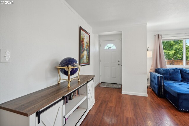 foyer entrance featuring crown molding and dark wood-type flooring