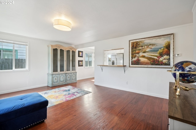 living room featuring dark hardwood / wood-style floors and crown molding