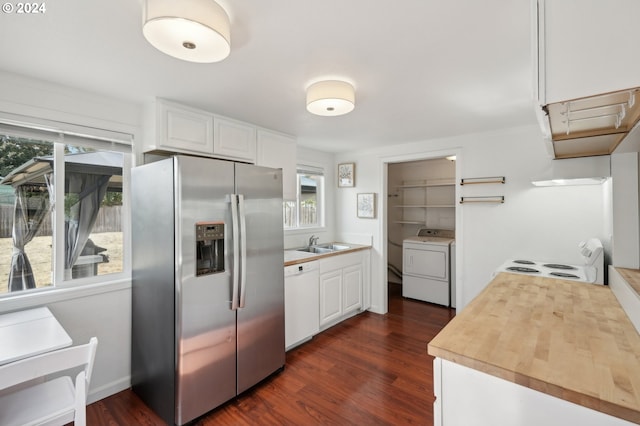 kitchen with washer / clothes dryer, range, stainless steel refrigerator with ice dispenser, white cabinetry, and white dishwasher