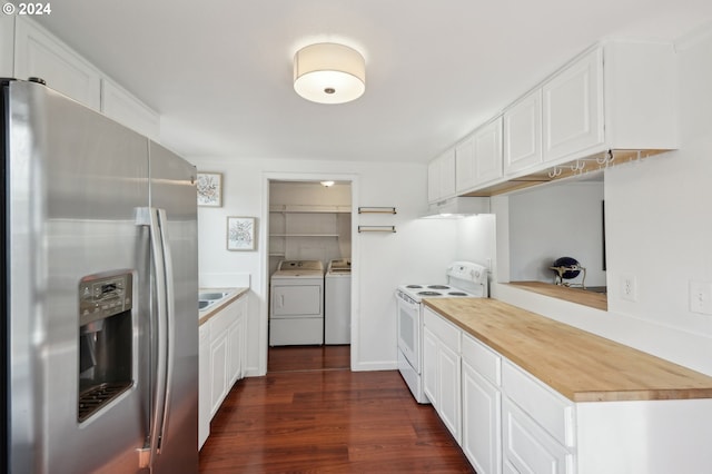 kitchen featuring white electric range oven, stainless steel fridge with ice dispenser, white cabinetry, dark hardwood / wood-style floors, and washing machine and dryer