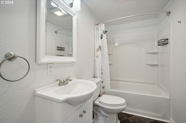 full bathroom with vanity, a textured ceiling, shower / bathtub combination with curtain, tile patterned floors, and toilet