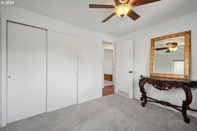 carpeted bedroom with ceiling fan, a closet, and ornamental molding