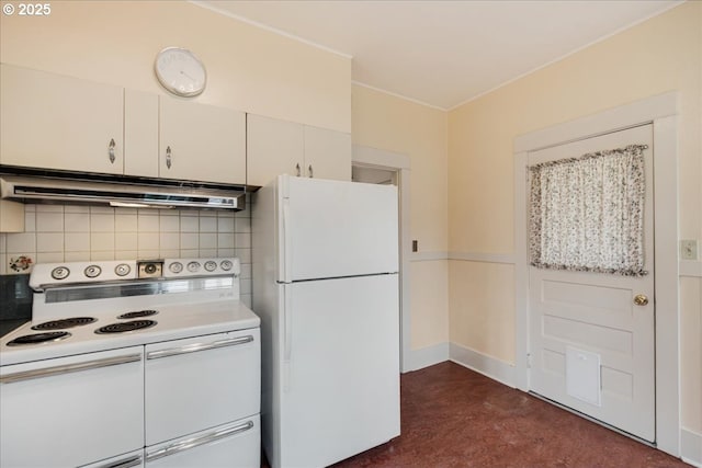 kitchen featuring tasteful backsplash, light countertops, white cabinets, white appliances, and exhaust hood