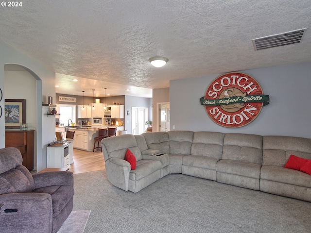 living room with light wood-type flooring and a textured ceiling