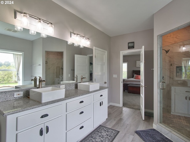 bathroom with hardwood / wood-style floors, vanity, a healthy amount of sunlight, and walk in shower