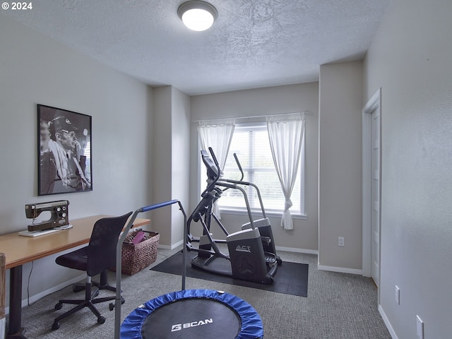 carpeted office featuring a textured ceiling