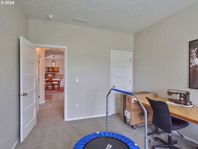 home office with light colored carpet and a textured ceiling