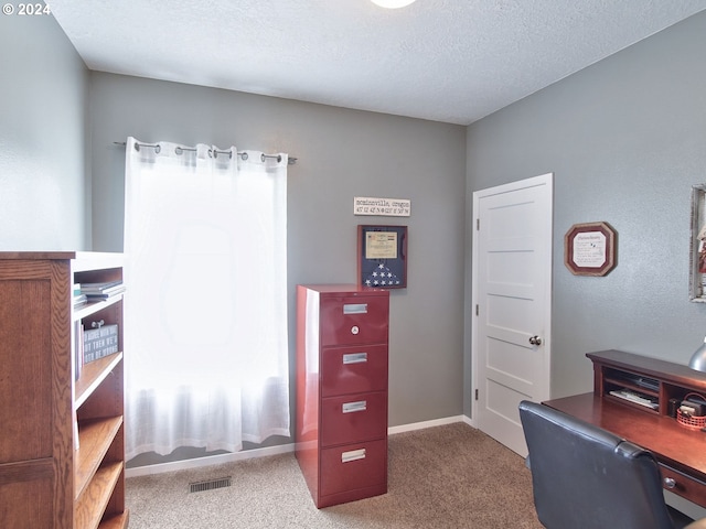 office featuring carpet floors and a textured ceiling